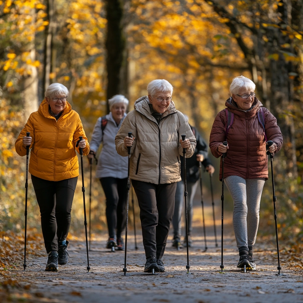 Скандинавська ходьба для пенсіонерів у парку
