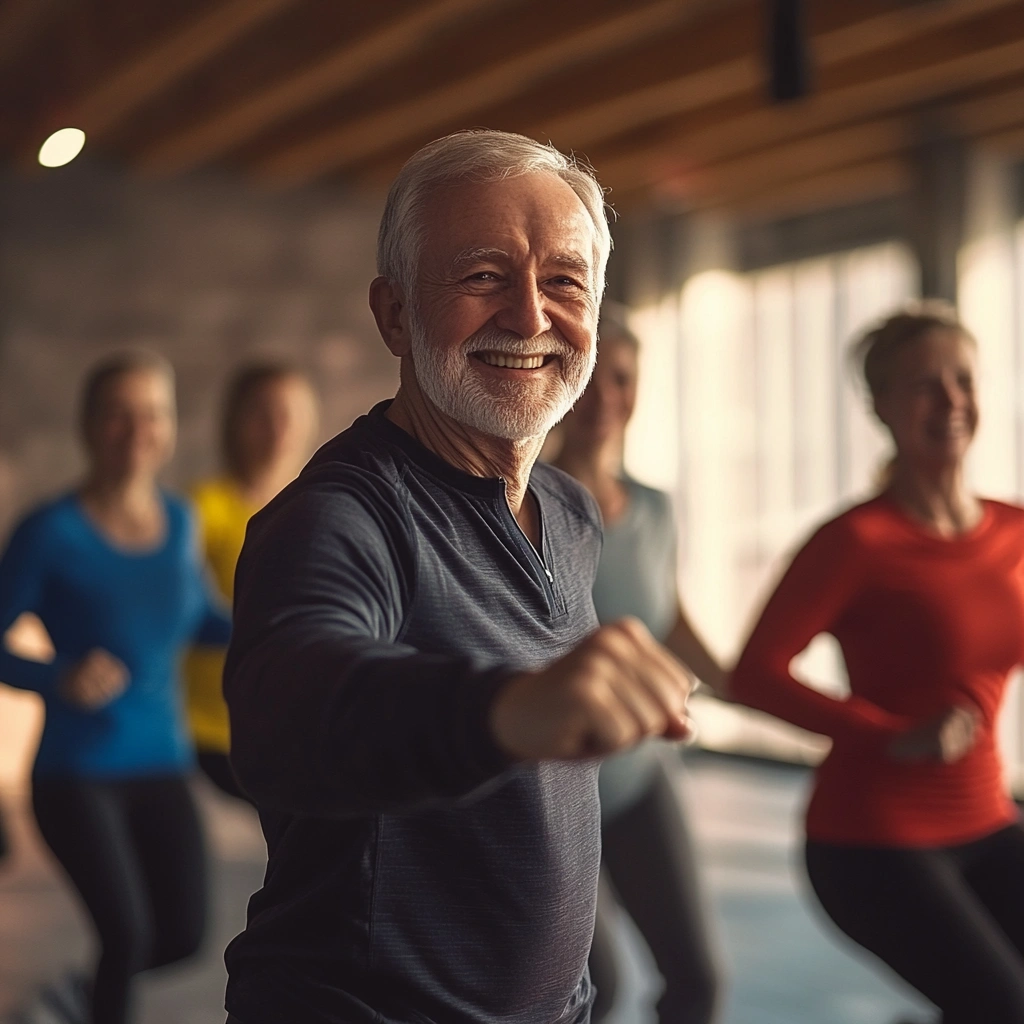 Група літніх людей на кардіотренуванні з інструктором