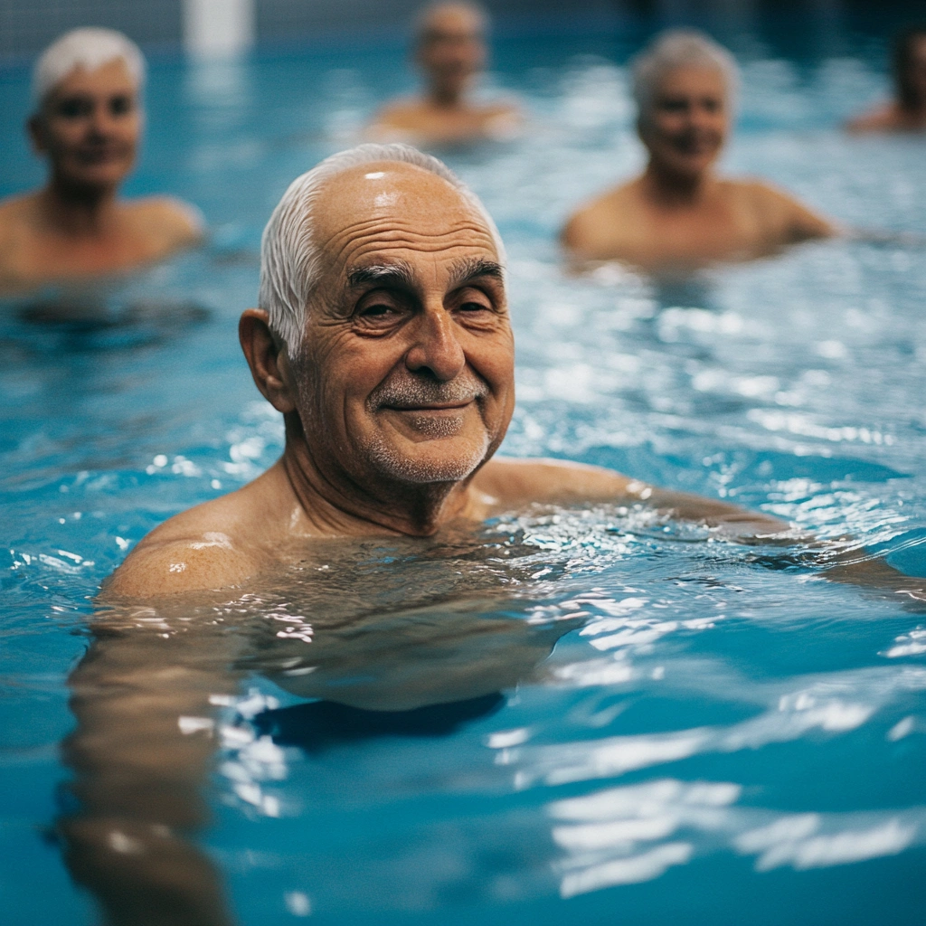 Пенсіонери займаються плаванням у басейні