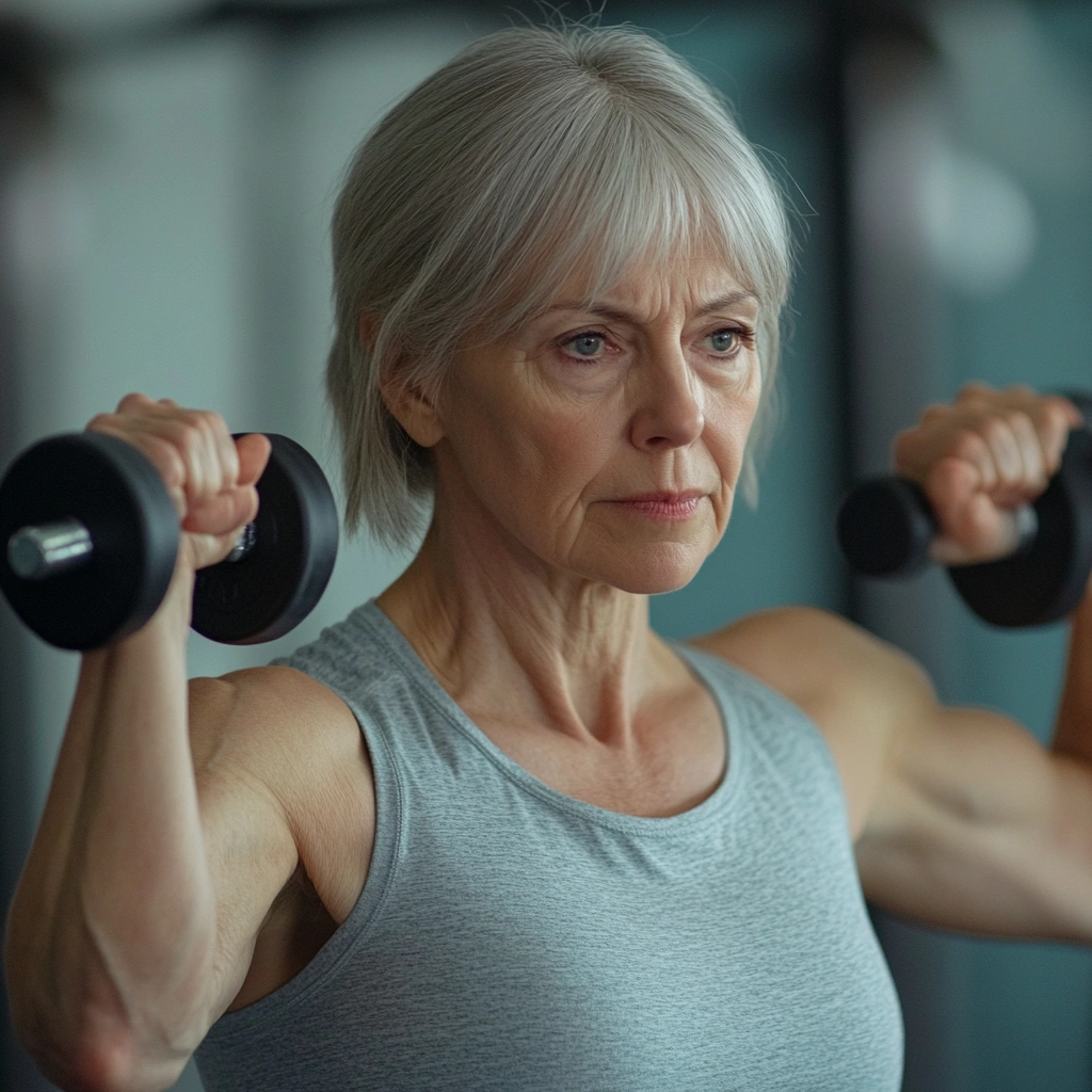Літня людина працює з легкими гантелями для зміцнення м'язів