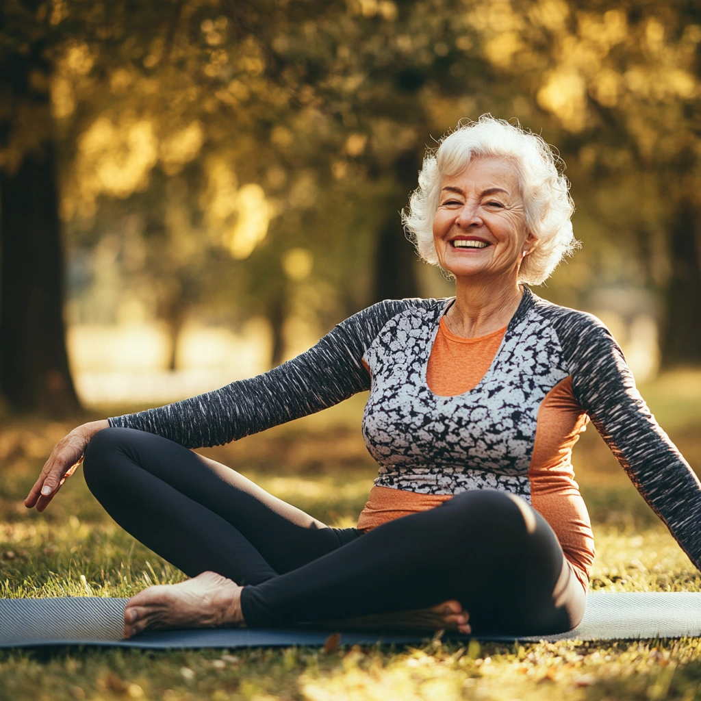 Літня жінка займається йогою на природі з усмішкою