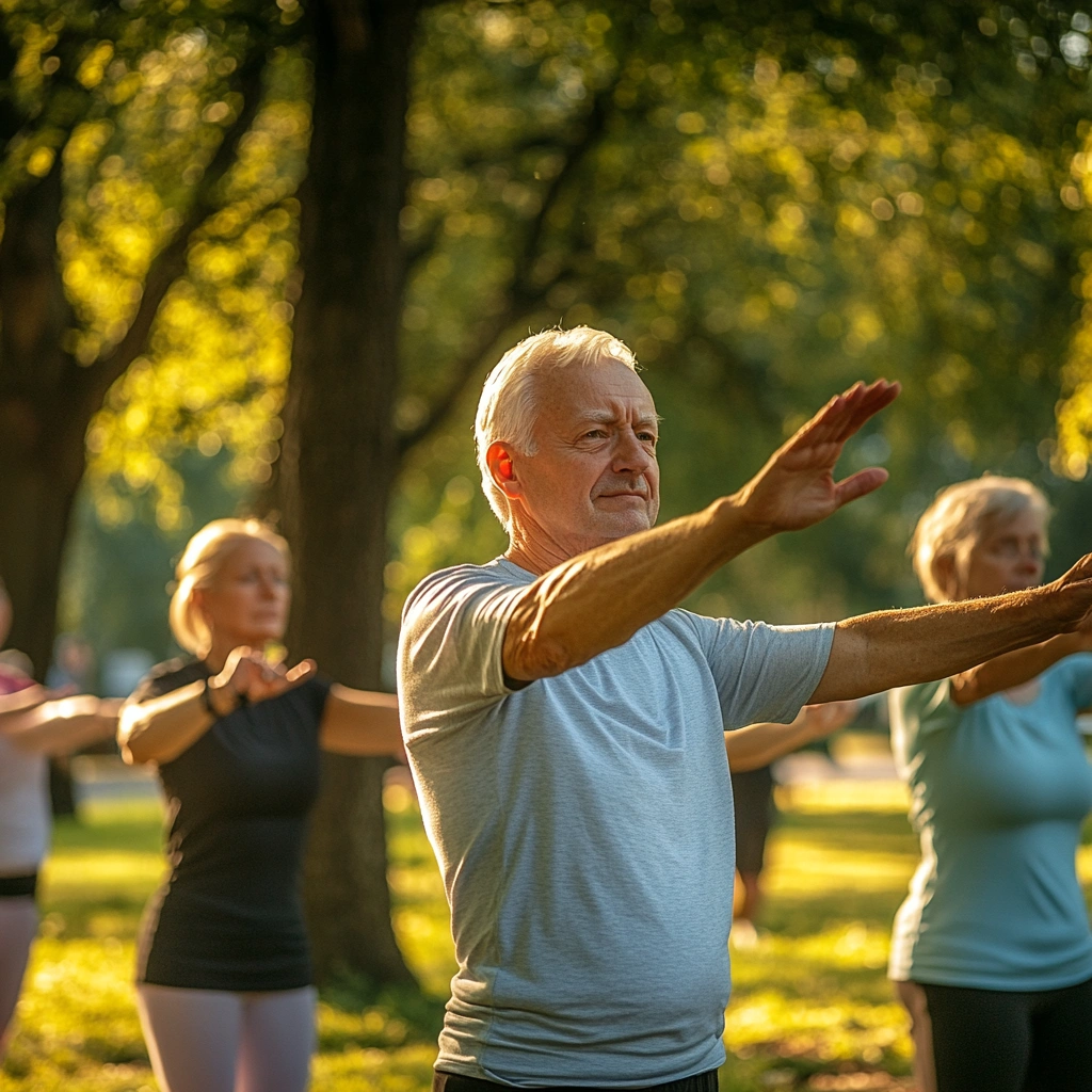 Група пенсіонерів виконує вправи на розтяжку в парку