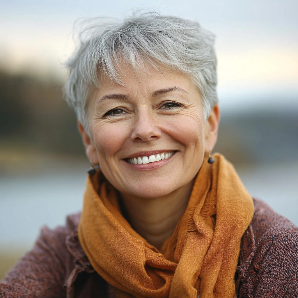 Усміхнена літня жінка, яка ділиться своїм позитивним досвідом